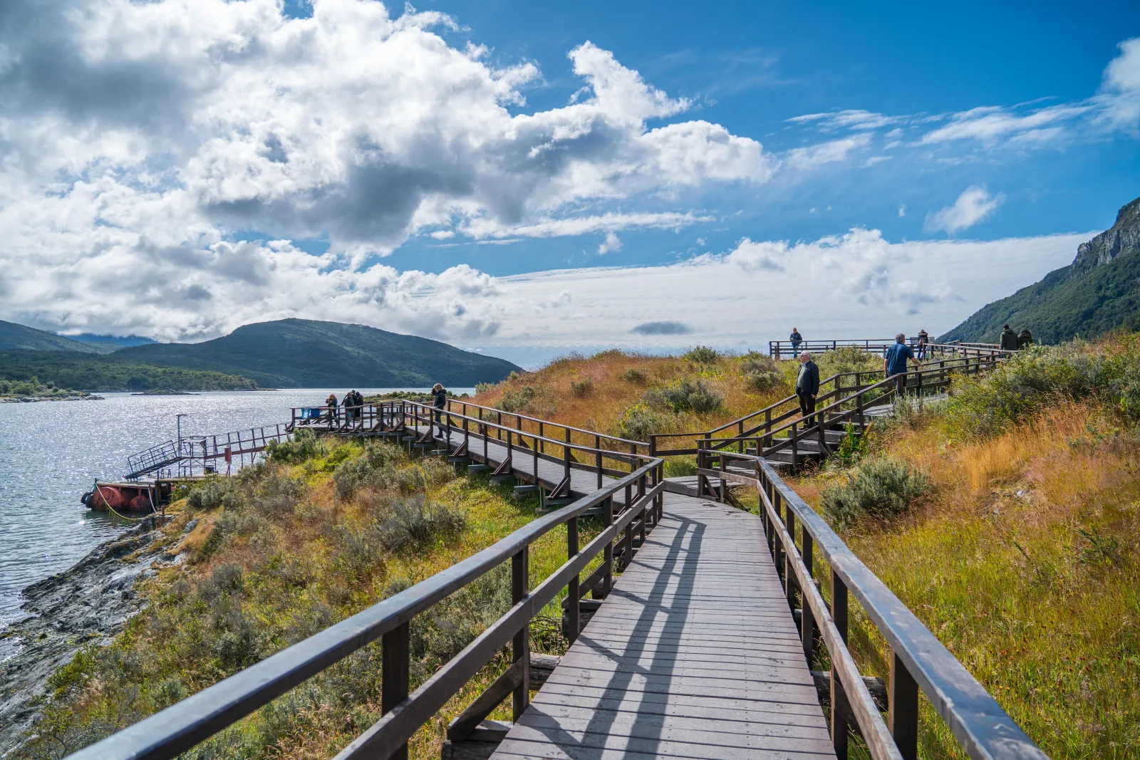 Boardwalk winding down to the water at Lapataia Bay